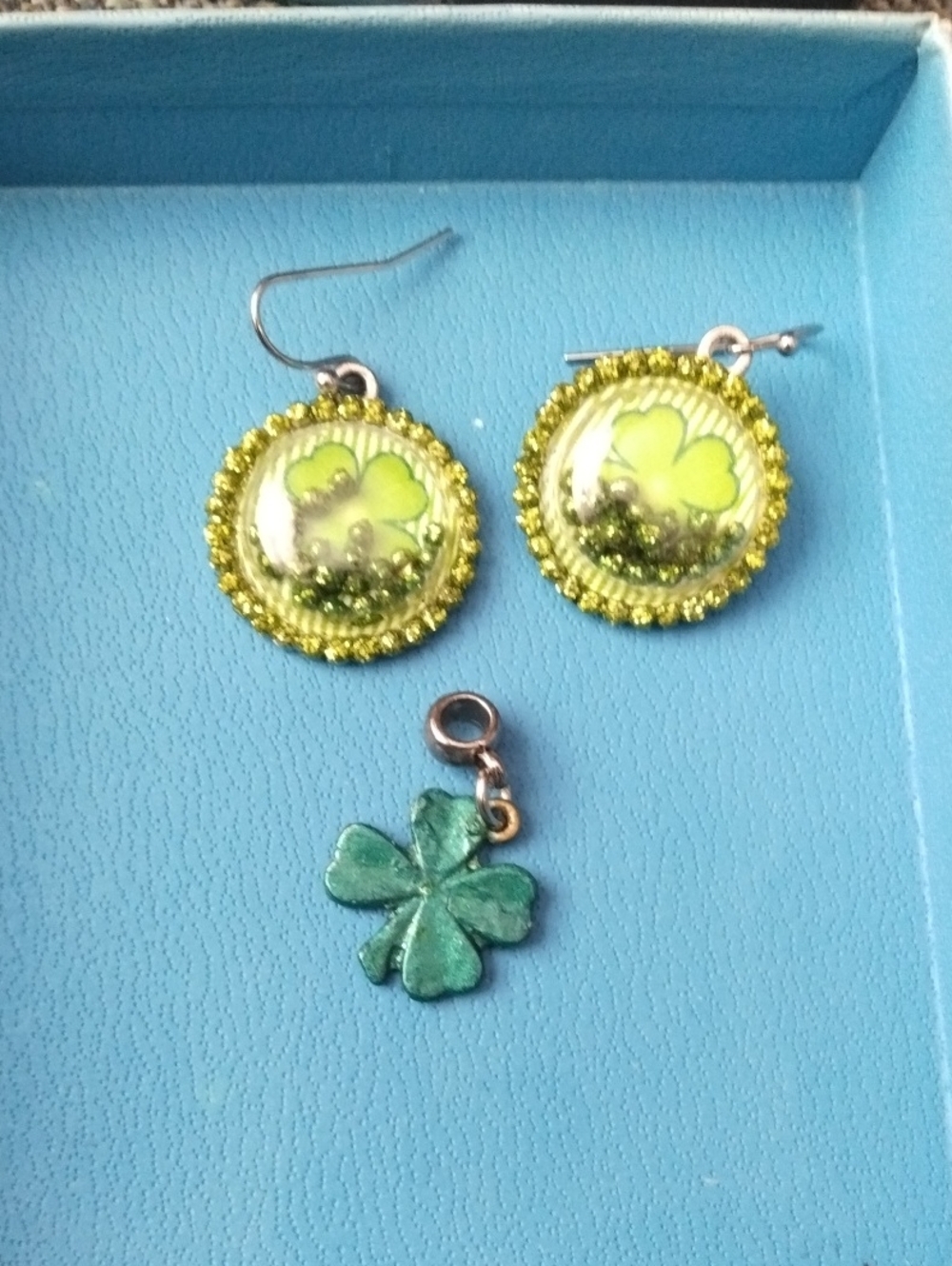 Green Shamrock Dangle Earrings and Clover Charm